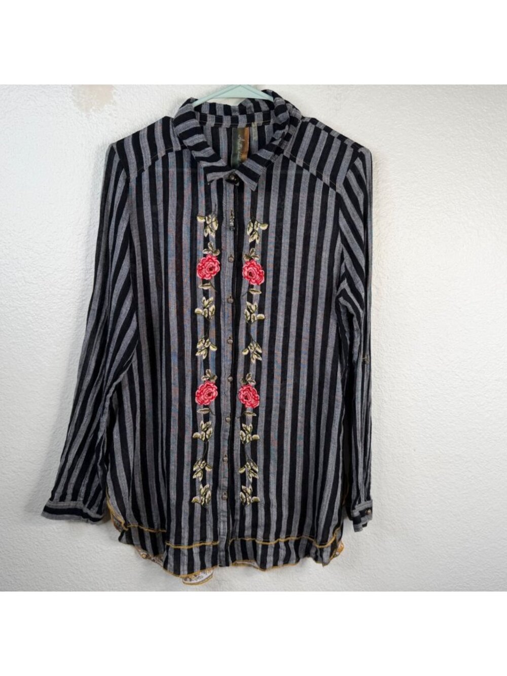 Aratta Silent Journey Striped Floral Embroidered Boho Button Down Top Size L